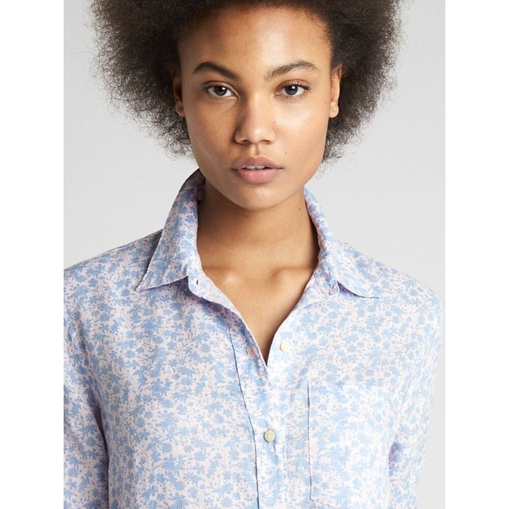 GAP 100% Linen Blue White Floral Button Down Shirt Size L Cottagecore Coastal